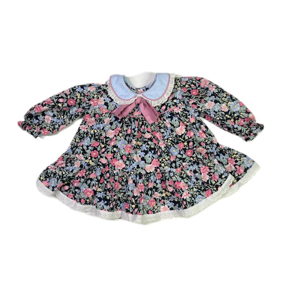 Vintage 1980s Bryan Baby Girl's 12M? Dress Button Back Lace Trim Floral